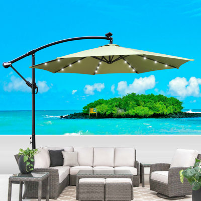 Parasol à DEL 10 pi pour jardin Pare-soleil imperméable avec 8 nervures et manivelle. Stabilité de la base croisée. Auvent. Rouille - poteau en acier. Lumières à économie d'énergie. Installation facile. Lime.