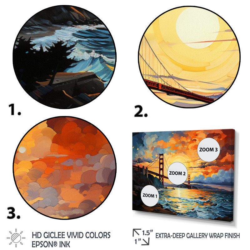 «Ebbin Orange Bridge Golden Gateway Yellow II», reproduction sur toile, Cadre simple noir, H 24 po x l 32 po x P 1 po