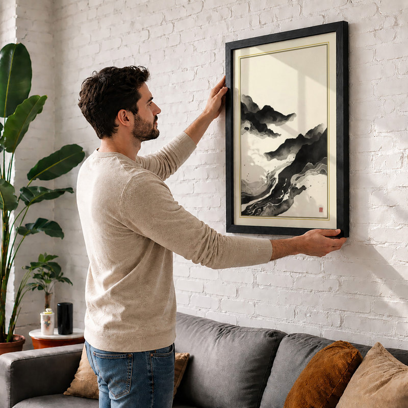 Mountains in Mist Japandi - Framed Print, A1 - 84.1 x 59.4 cm, White