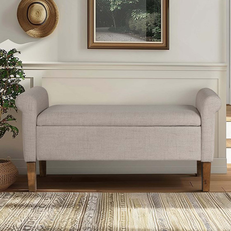 Banc de rangement entièrement rembourré, roulé, coussin de siège rembourré de mousse, couvercle rabattable, structure en bois massif et contreplaqué, espace de pieds en noyer moyen, siège