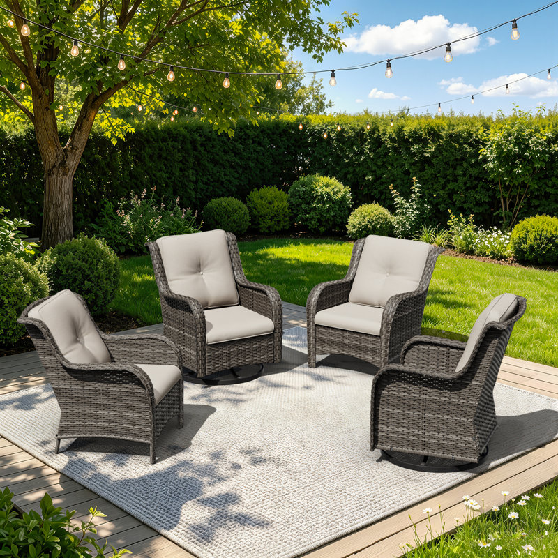 Outdoor Wicker Patio Swivel Rocker Chairs Set, 4-Piece All-Weather PE Rattan Conversation Chairs With Soft Cushions, Perfect For Backyard, Porch, Deck & Poolside