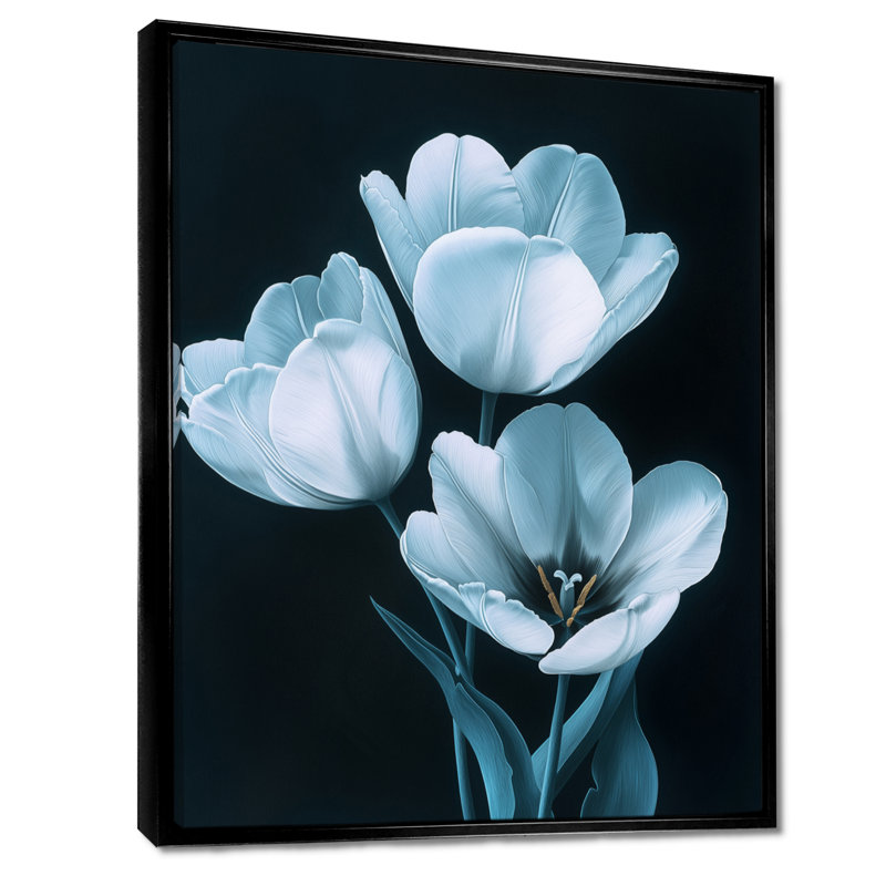 Tulipes bleues et blanches, Noir, Reproduction avec cadre flottant, H 20 po x l 12 po