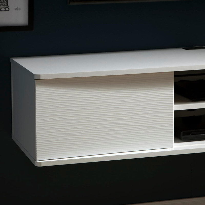 Console multimédia murale flottante avec portes coulissantes, tablettes réglables et gestion des câbles pour le salon