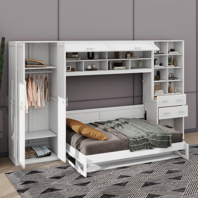 Armoire murale escamotable en bois avec armoire, tiroir et tablettes ouvertes