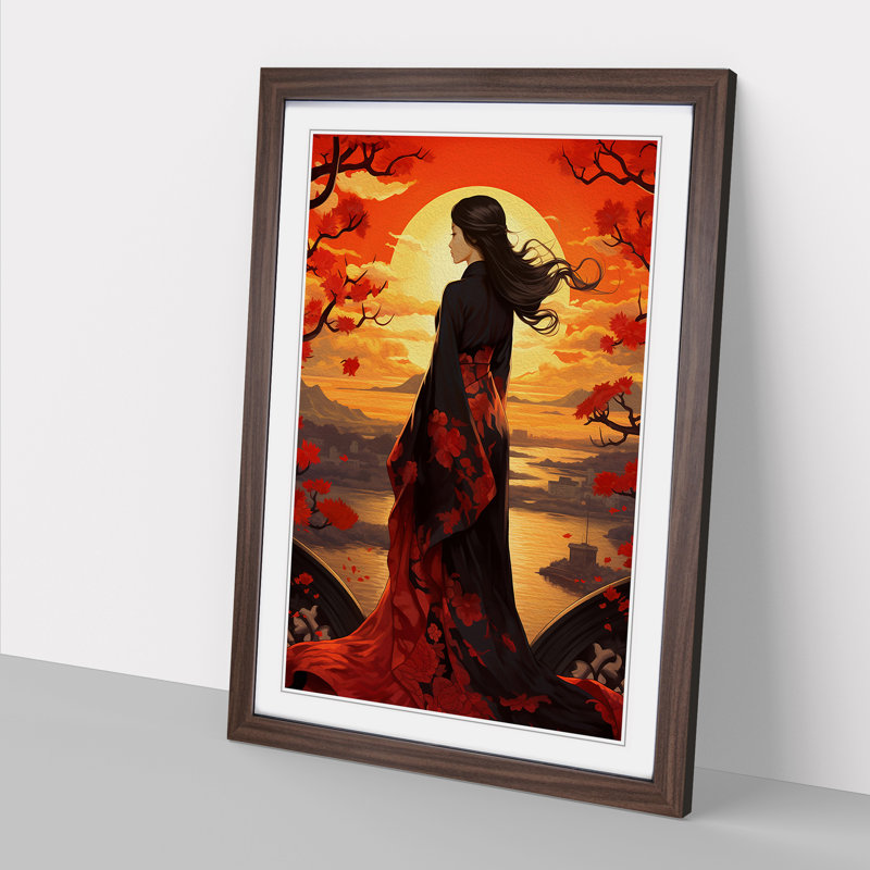 Japanese Sunset Nouveau - Single Picture Frame Print on Wood, 64cm H x 46cm W x 2cm D, Walnut Framed