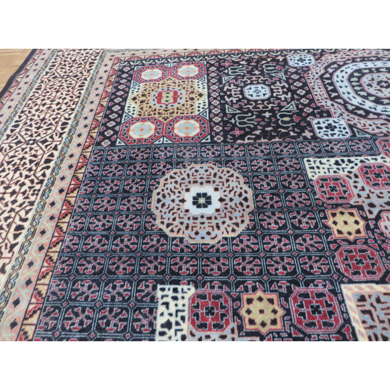 Tapis de zone en laine noir/beige 11 pi 10 po x 15 po one-of-kind à la main noué la Stef