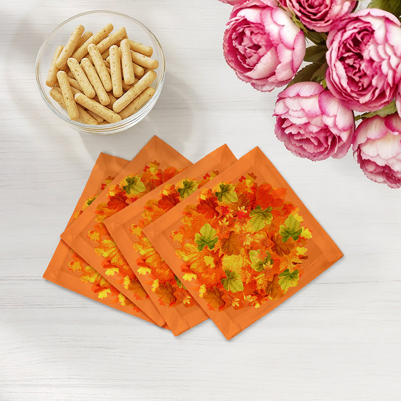 Fallen Leaves Cotton Sateen Cocktail Napkins, Orange