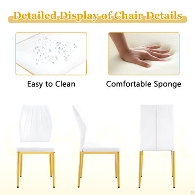 Ensemble de table et de chaises Table de salle à manger ovale en verre trempé de 71 pouces de style luxueux à double colonne dorée. Jumelé avec 8 chaises en polyuréthane blanc avec des pieds dorés. Hauteur de 37 pouces: dossier ergonomique en polyuréthane.