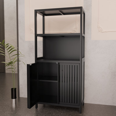 Organisateur de plancher noir pour salle de bain, unité séparée à 2 portes avec charme naturel, étagère à niveaux et loquet magnétique, convient à plusieurs armoires de cuisine, entrée, salle de bain, plateau de table large,