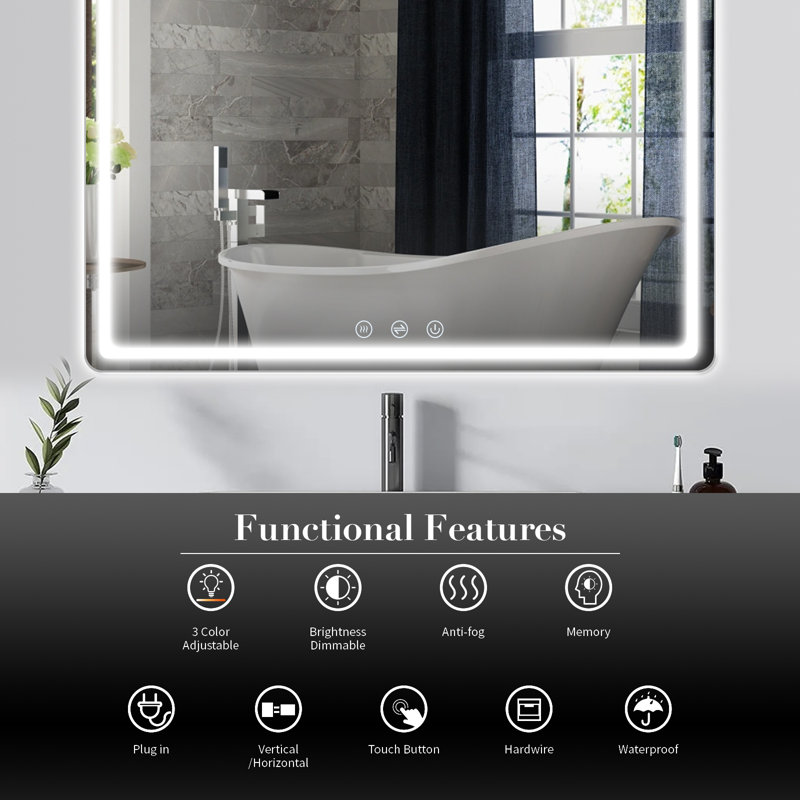 LED Bathroom Mirror With Front And Backlit, Lighted Bathroom Vanity Mirror for Wall, 3 Color and Dimmable Light, Anti-Fog, Memory Function