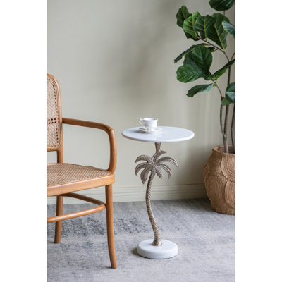 Table d'appoint ronde 14 po x 14 po x 24 po avec plateau en marbre blanc et palmier doré