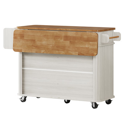 56" Mobile Kitchen Island with Solid Wood Folding Tabletop, Storage Cabinet with Adjustable Shelves, 2 Large Drawers & Locking Casters for Kitchen, Dining Room