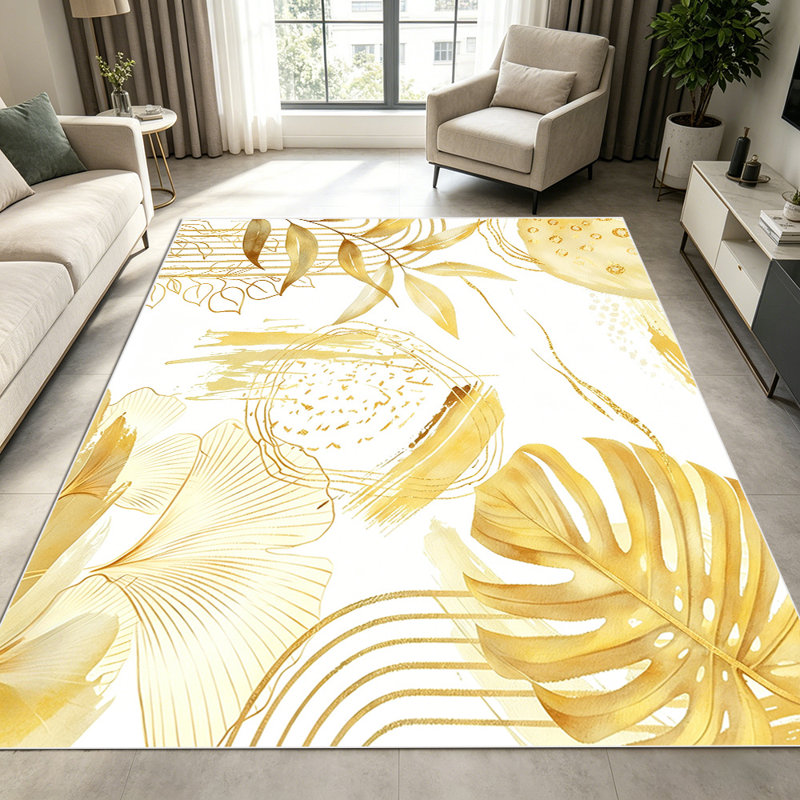 1PC Gold Tropical Bohemian Geometric Leaf area rugs for Living Room, Soft, All seasons, Easy-maintain, Washable Indoor mat, Farmhouse suitable for dining table, bedroom, kitchen, entryway, home office, patio, hallway, Home Decor, Outdoor Decor.