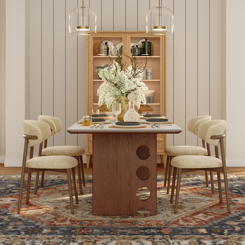 71" Mid Century Dining Table with Sintered Stone Tabletop, Rectangular Kitchen Table with Solid Wood  Pedestal for 6