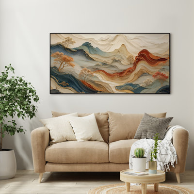 Très grand art mural imprimé sur tissu - Montagnes abstraites orange et vertes, décoration de salon moderne - "Assemblage requis du cadre (cadre non fini)"