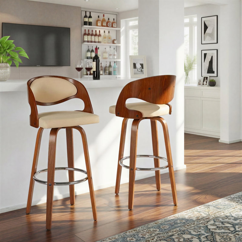Phoebe 30" Fixed-Height Bar Stools with Bent Wood Legs & Round Footrest (Set of 2), Bar Stool (29.5" Seat Height)