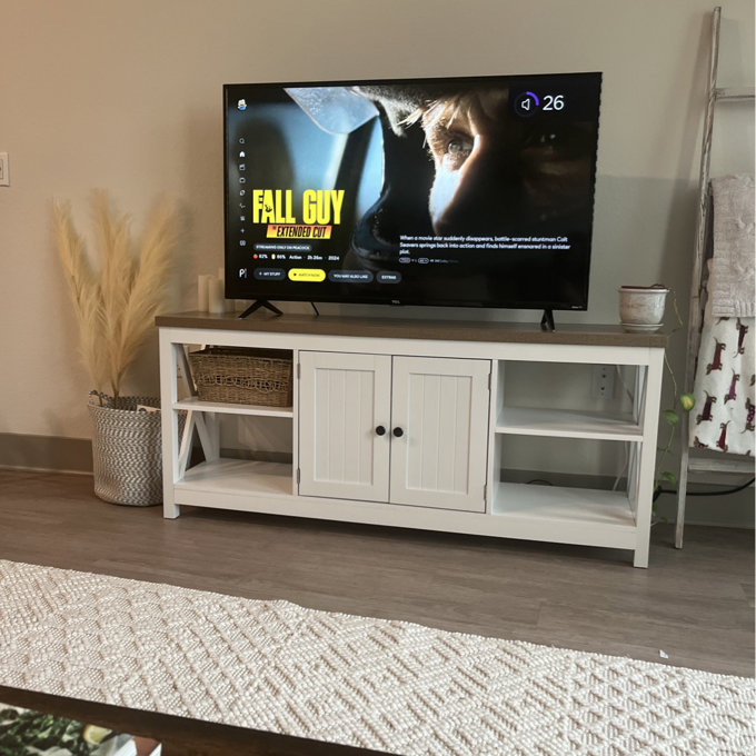 IDEALHOUSE Mobile TV 65 Pollici In Stile Farmhouse, Centro Intrattenimento Con Ante A Fienile, Ripiani Regolabili, Bianco, 150x39.9x70 Cm