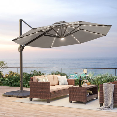 11Ft Aluminum LED Cantilever Patio Umbrella with Base for Patio Deck Garden
