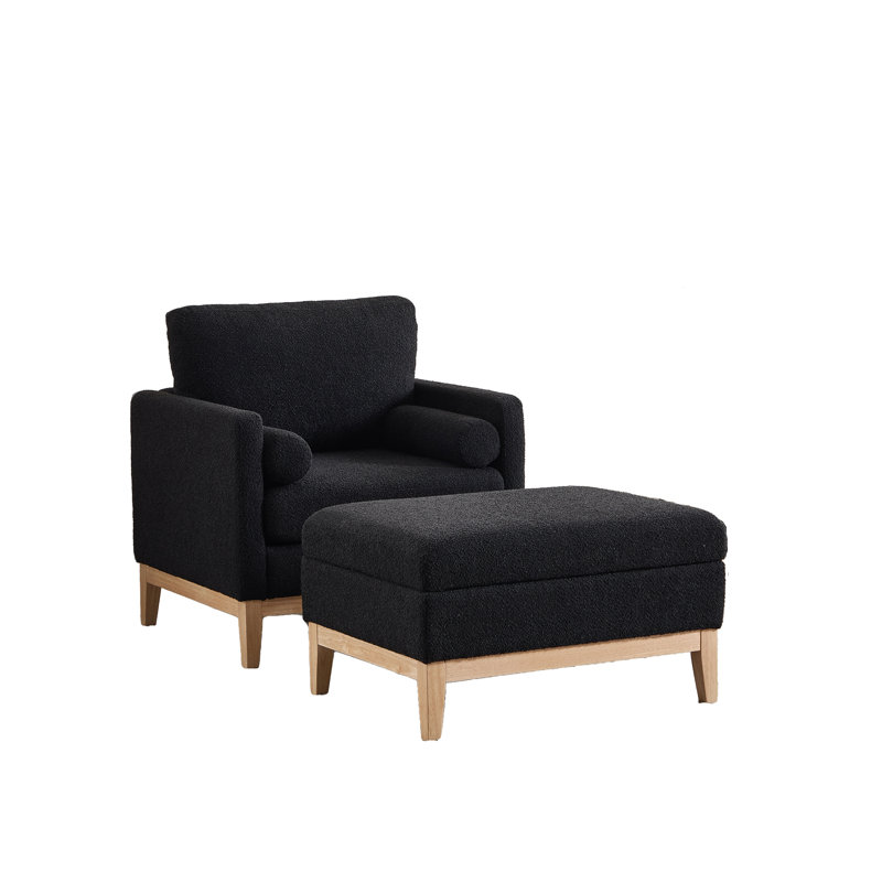 Fauteuil d'appoint avec repose-pieds avec rangement Boucle, Bois naturel, Noir