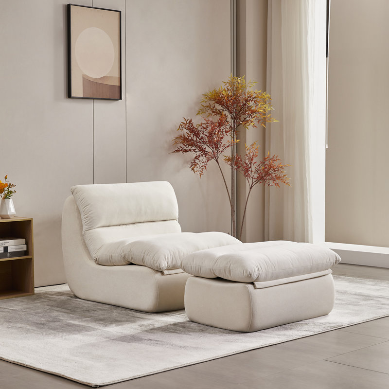 Armless Bean Bag Set With Ottoman (set Of 2), White Polyester