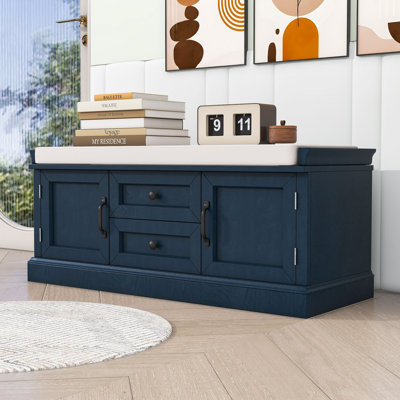 Banc de rangement avec 2 tiroirs, 2 armoires et coussin amovible pour le vestibule