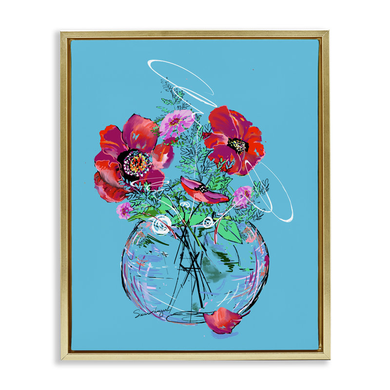 Vivid Poppies in Vase, cadre flottant, design par Susan Lugar, H 21 po x l 17 po, Cadre flottant métallique doré