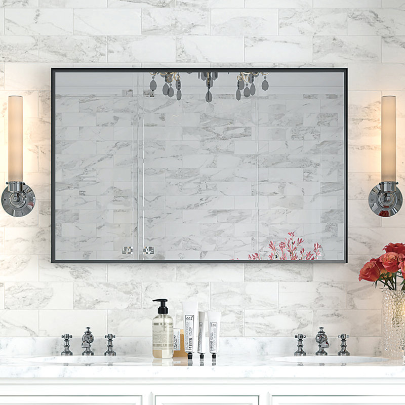 Miroir de meuble-lavabo moderne 36 po x 30 po noir avec cadre en métal brossé, 30 po x 36 po