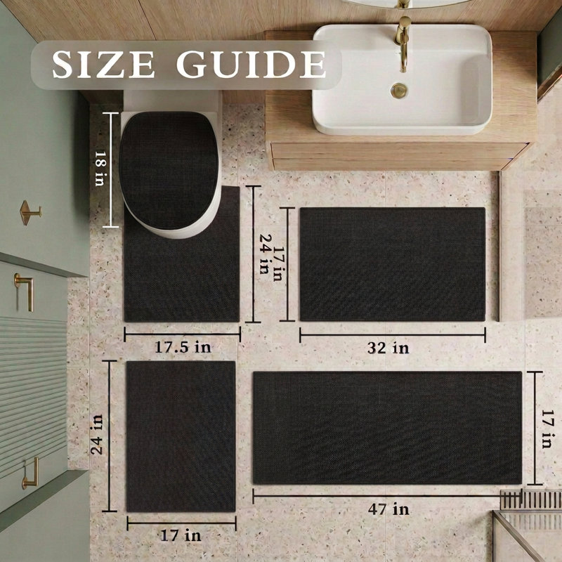 Ensemble de tapis pour salle de bain 5 pièces à aspect lin texturé avec envers antidérapant, Noir