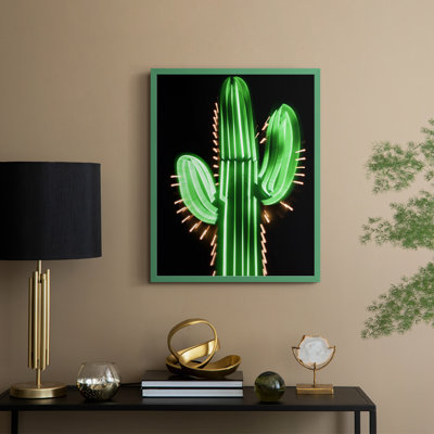 Neon Cactus Framed Print - Solid Wood