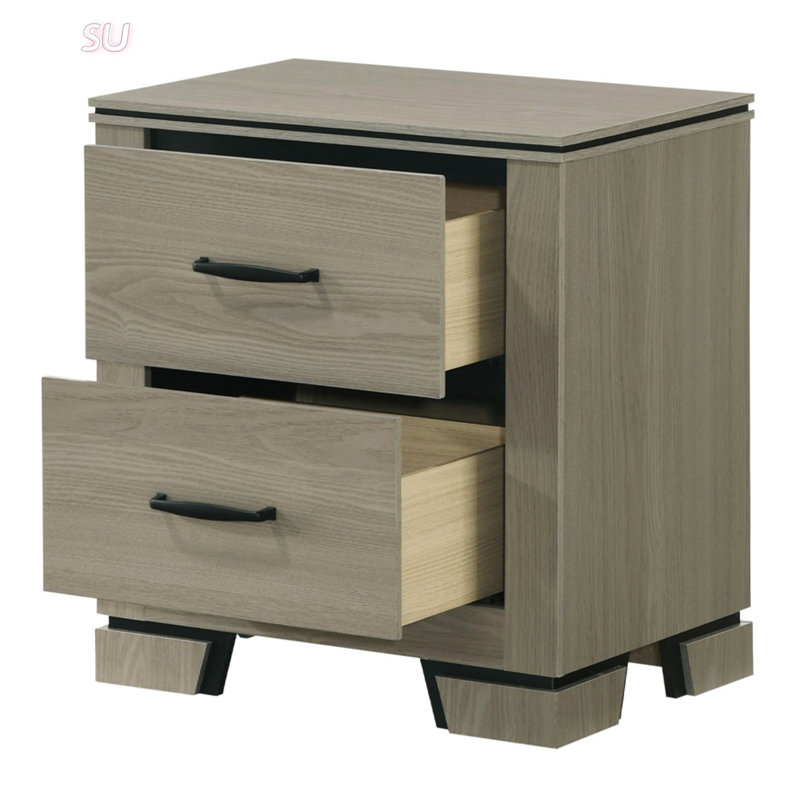 Table de chevet à deux tiroirs de conception moderne et épurée, finition grise vieillie, parfaite pour le rangement élégant et fonctionnel de la chambre à coucher.