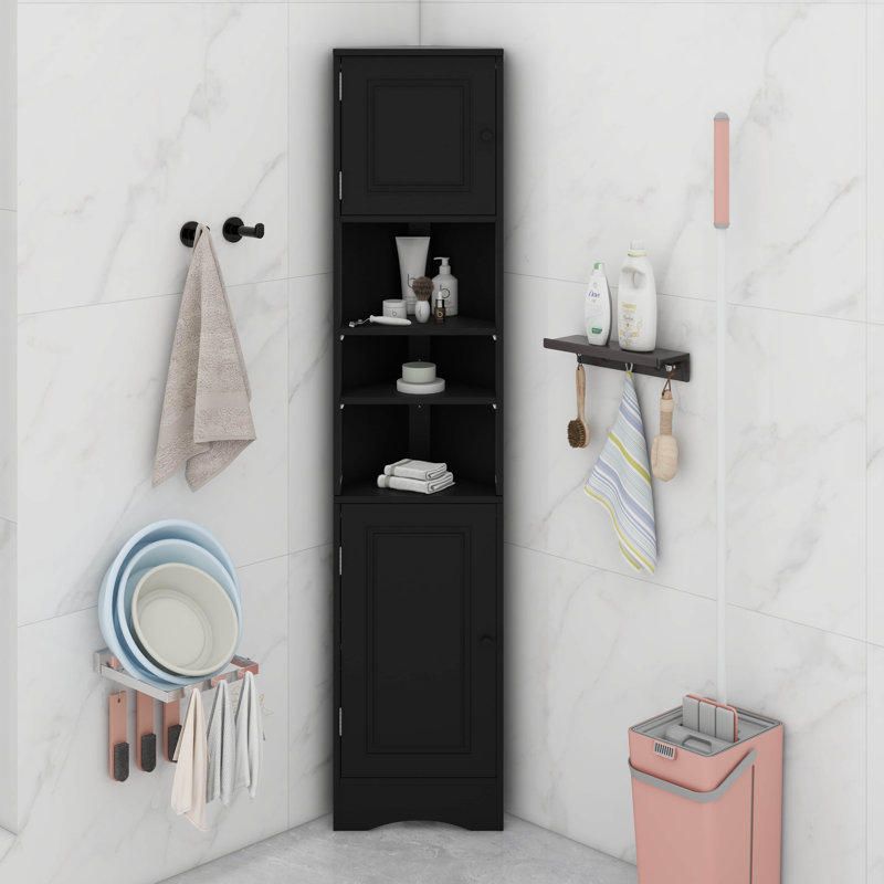 Unité de rangement en coin avec 2 portes, 3 tablettes et une tablette ouverte pour la salle de bain, la cuisine et le salon