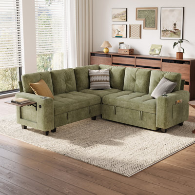 Benett 83'' Upholstered Tufted Modular Corner Sectionals with Pull-out Sofa Bed, Storage Chaise & Side Table