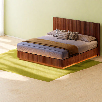 Structure de lit moderne en bois grand format avec DEL, finition noyer
