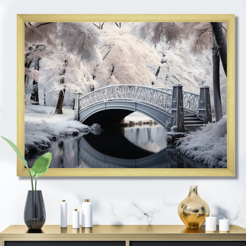 Pont blanc en hiver II - reproduction sur toile, H 34 po x l 44 po x P 1,5 po, Cadre doré simple