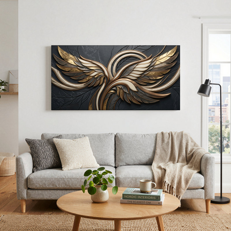 Ensemble de 1 tableau sur toile « Ailes dorées », L 58 po x H 28 po, Toile tendue