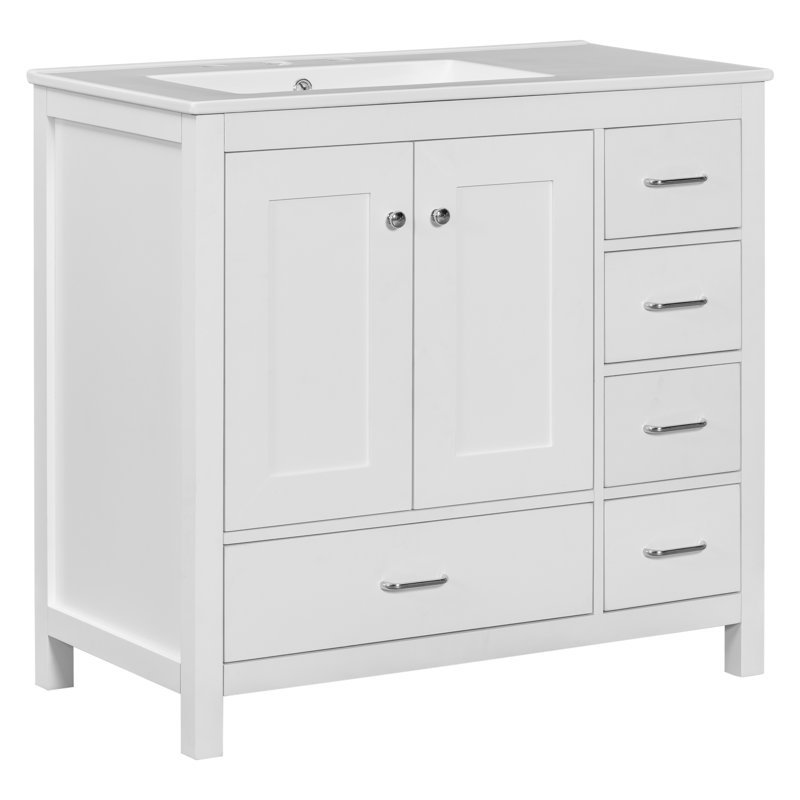 Meuble-lavabo 36 po avec comptoir en céramique et 5 tiroirs 36 po, Blanc