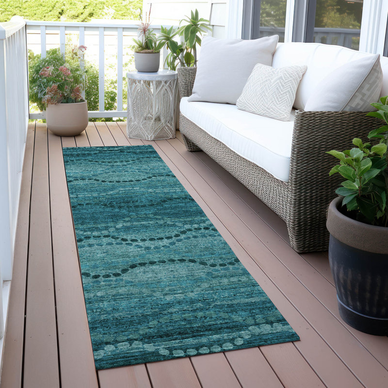 Machine Washable Indoor/Outdoor Xhevrie Turquoise Rug, Runner 2'3" x 7'6"