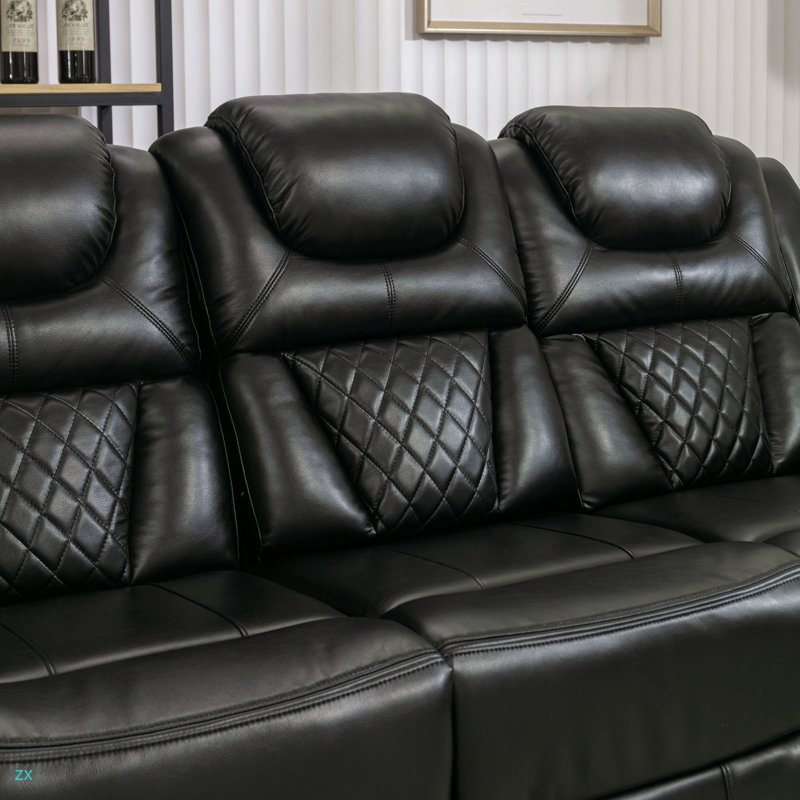 Home Theater Seating Manual Recliner Chair With Center Console And LED Light Strip For Living Room, Black