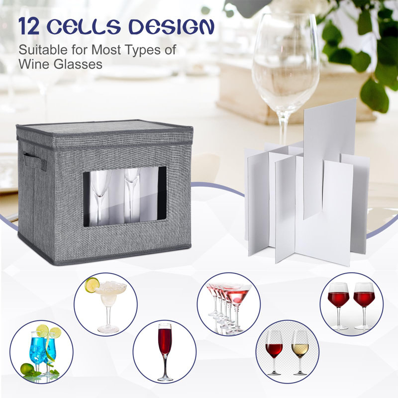6 Pack Wine Glasses Storage Box With Dividers, 12 Compartments Stemware Storage Cases, Grey