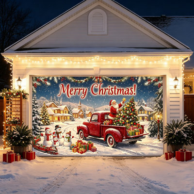 Décoration de Noël pour porte de garage (4,9 x 2,1 m), bannière « Joyeux Noël » avec le père Noël, camion rouge vintage, village enneigé