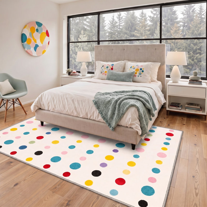Tapis blanc / bleu à pois lavable à la machine avec envers antidérapant, Rectangulaire 8 pi x 10 pi