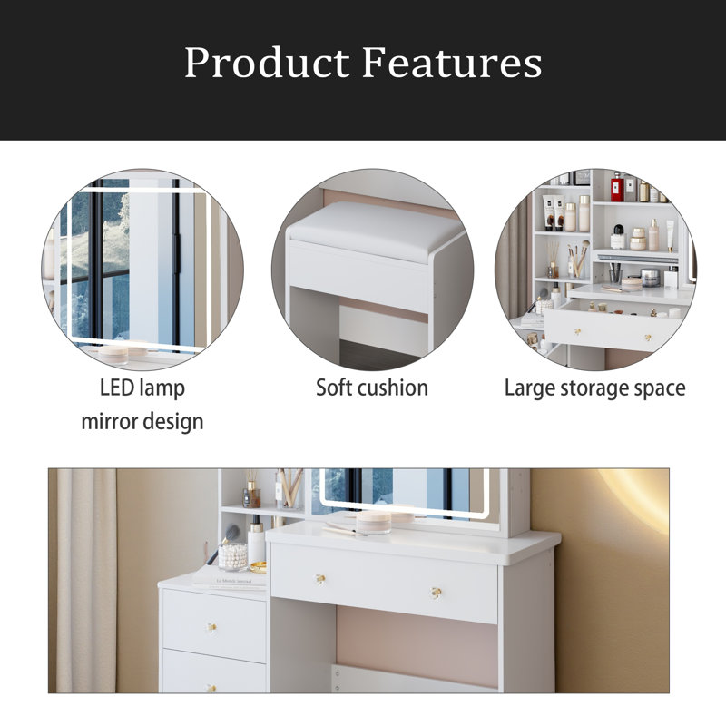 37" Middle Size Left Drawer Desktop Vanity Table + Cushioned Stool, Large Sliding, Touch Control, Tri-Color Switching, Brightness Adjust LED Mirror, High Capacity Storage, Suitable For Large Space