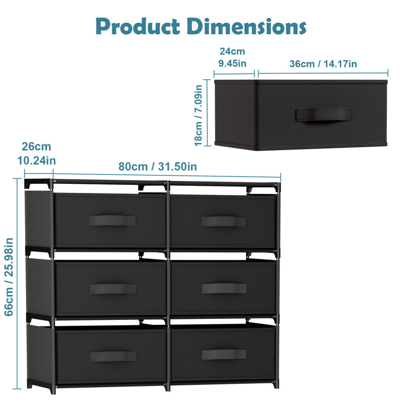 Table de chevet avec 6 tiroirs, commode en tissu, unité de rangement, commode de rangement pour chambre à coucher, couloir, vestibule, garde-robe, structure en acier, poignée facile à tirer - noir