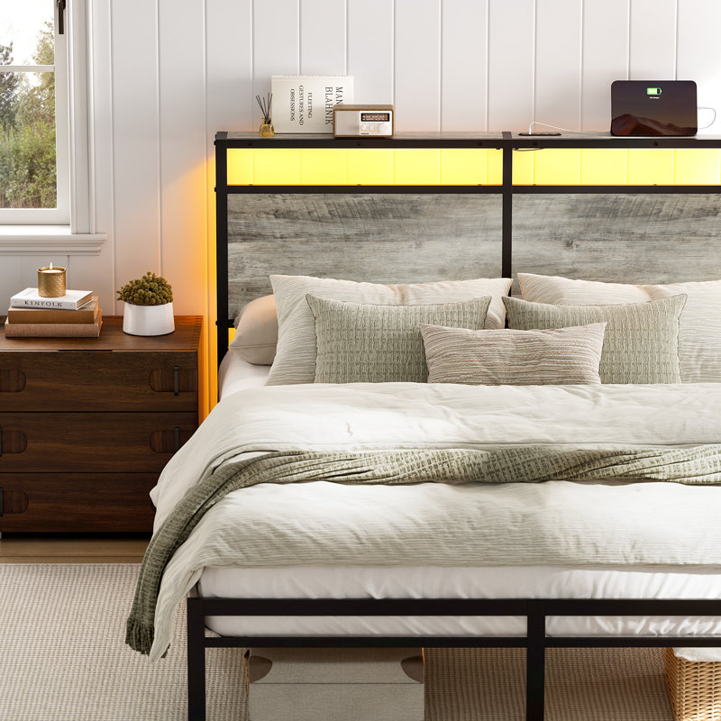 Antioch Metal Platform Bed with LED Light and Charging Station, Queen, Gray