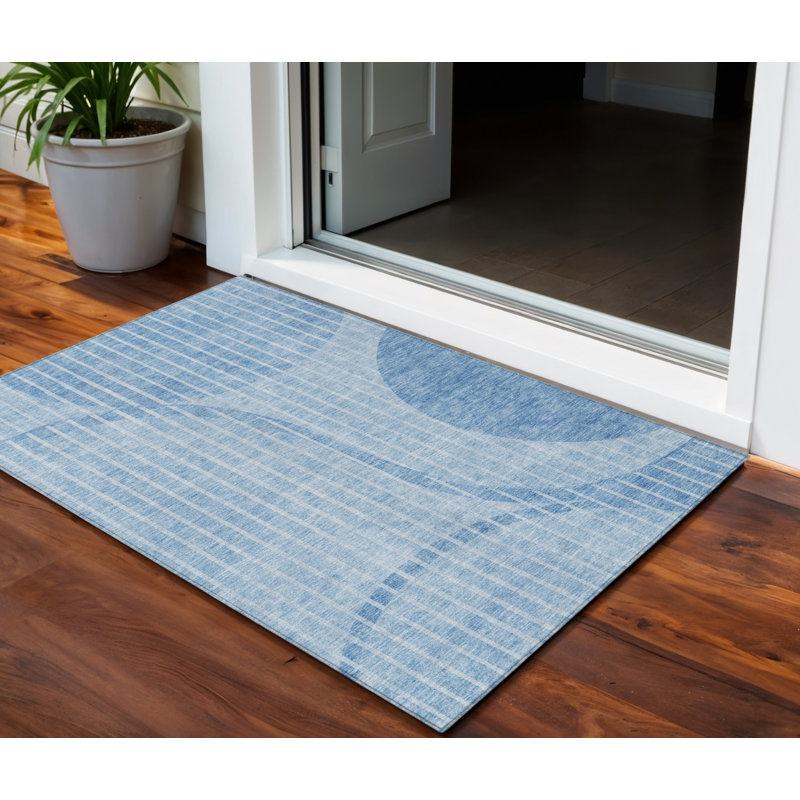 HomeRoots 3' X 5' Denim Blue And Sky Blue Striped Washable Indoor Outdoor Area Rug