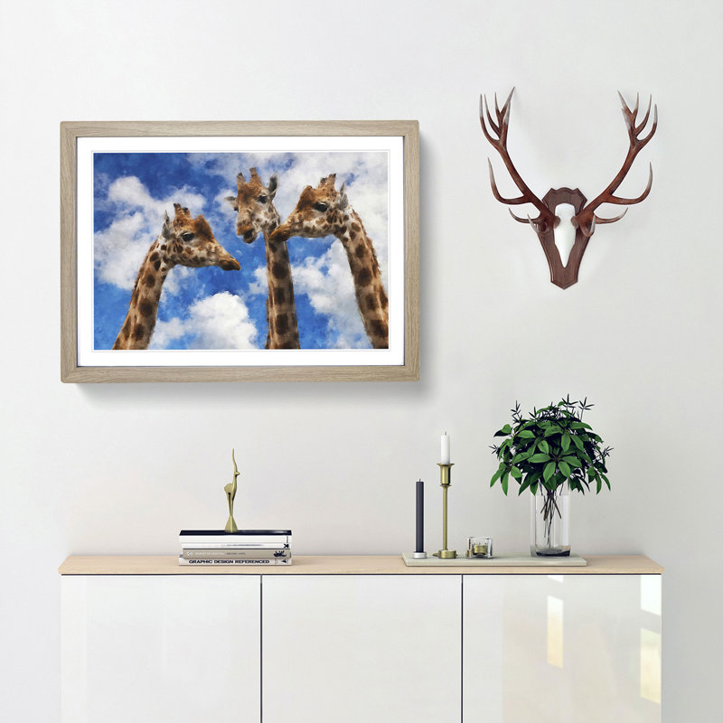 Three Giraffes - Single Picture Frame Painting on MDF, 24cm H x 33cm W x 2cm D, Oak