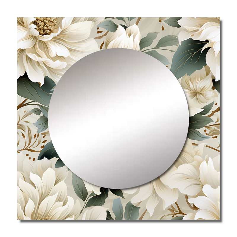 Motif subtil Mandalas Ii Boho - Grand miroir mural floral carré pour chambre à coucher, 23 po x 23 po