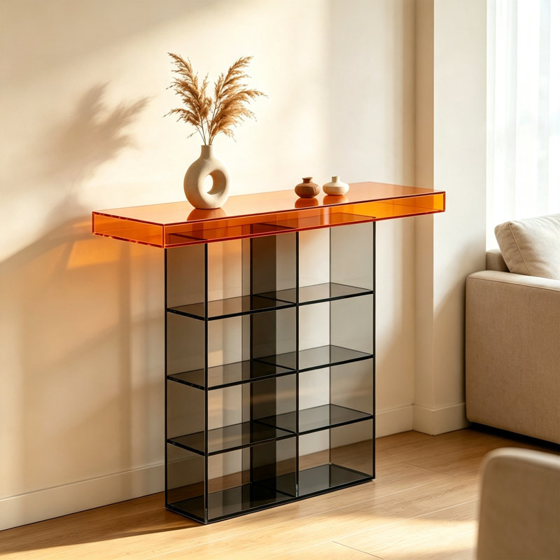 Console orange avec plateau en acrylique, H 29,53 po x l 31,5 po x P 13,78 po