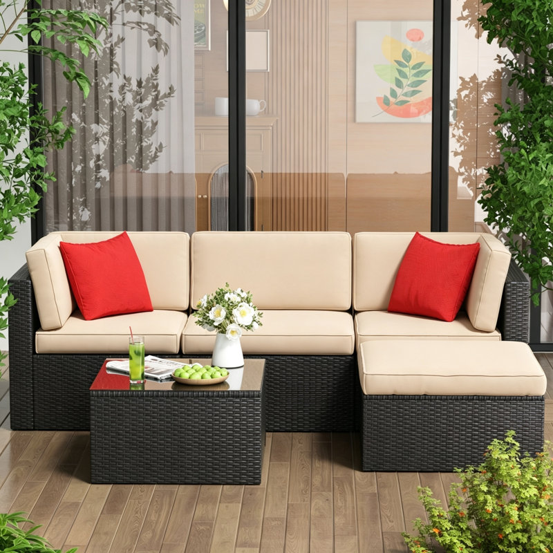 Ensemble de conversation pour 4 personnes, canapé d'angle en résine tressée en PE résistant aux intempéries avec coussins moelleux, ensemble de jardin en rotin avec table basse en verre, beige.