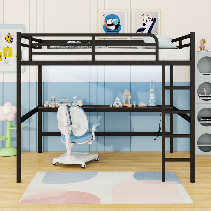 Queen-Size Metal Loft Bed With Built-In Desk, USB Charging, And LED Lighting